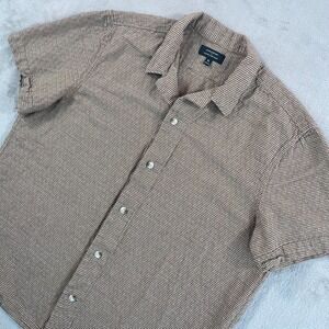 Banana Republic Camp Shirt Men XL Brown Check Linen Blend Loop Collar Vacation